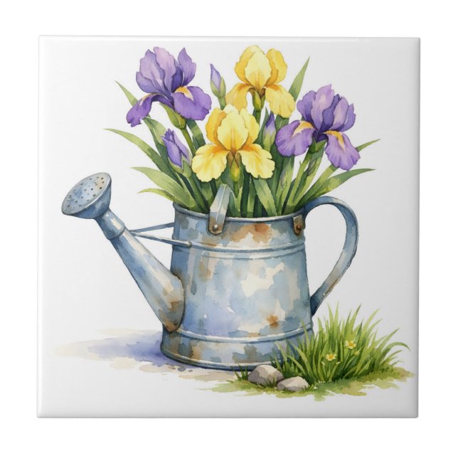 Aquarell-Gießkanne mit Irisblumen  Fliese (Vorderseite)
