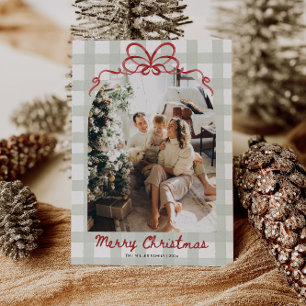 Aquarell-Gingham-Familienfoto-Weihnachten Feiertagskarte