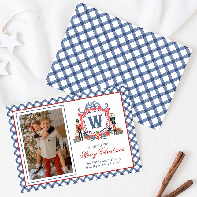 Aquarell Gingham Nussknacker Maus Monogrammwappen Feiertagskarte (Von Creator hochgeladen)