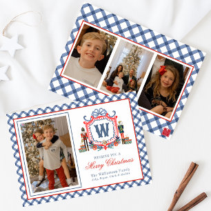 Aquarell-Gingham-Nussknacker-Maus-Monogrammwappen Feiertagskarte