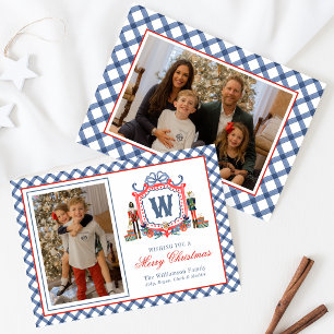 Aquarell-Gingham-Nussknacker-Maus-Monogrammwappen Feiertagskarte