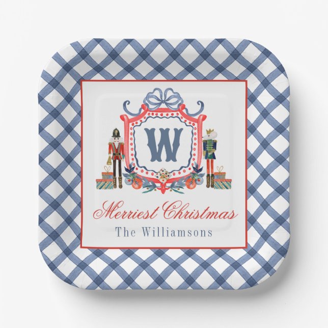Aquarell Gingham Nussknacker Maus Monogrammwappen Pappteller (Vorderseite)
