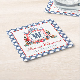 Aquarell Gingham Nussknacker Maus Monogrammwappen Rechteckiger Pappuntersetzer