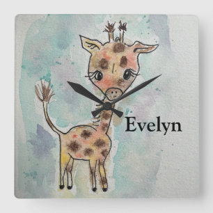 Aquarell-Giraffe-Handzeichnung Name Quadratische Wanduhr