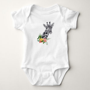 Aquarell-Giraffe mit tropischem Blumenstrauß Baby Strampler
