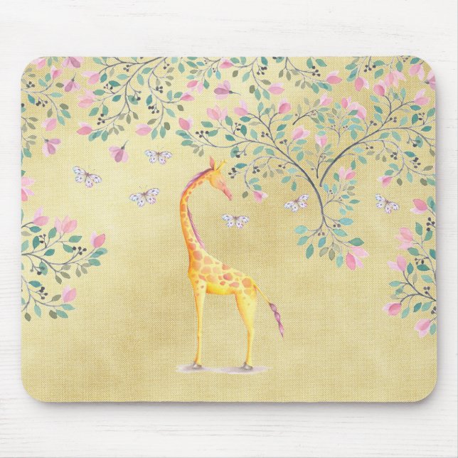 Aquarell-Giraffen-Schmetterlinge und Blüte Mousepad (Vorne)