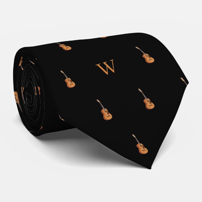 Aquarell-Gitarre-Monogramm Initial Schwarz Krawatte (Gerollt)