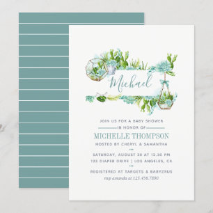 Aquarell-Glas-Terrarium-Sukkulenten-Baby-Shower Einladung