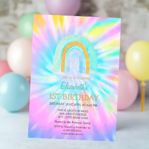 Aquarell Glitter Regenbogen Tie Dye Geburtstag Einladung