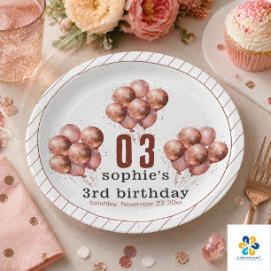 Aquarell Glitter Rosen Gold Ballon 3. Geburtstag Pappteller
