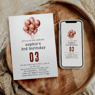 Aquarell Glitzer Rose Goldballon 3. Geburtstag Einladung