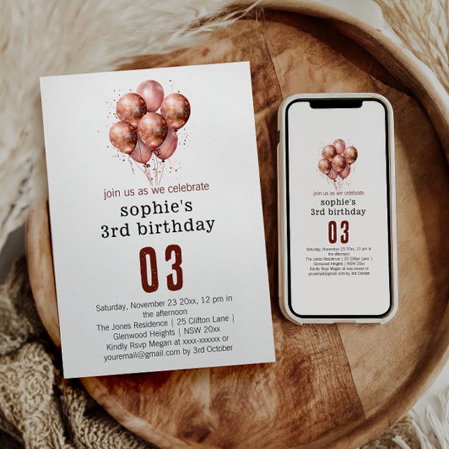 Aquarell Glitzer Rose Goldballon 3. Geburtstag Einladung (Von Creator hochgeladen)