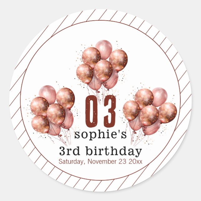Aquarell Glitzer Rose Goldballon 3. Geburtstag Runder Aufkleber (Vorderseite)