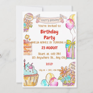 Aquarell Glücklicher Geburtstag Luftballons Kuchen Einladung