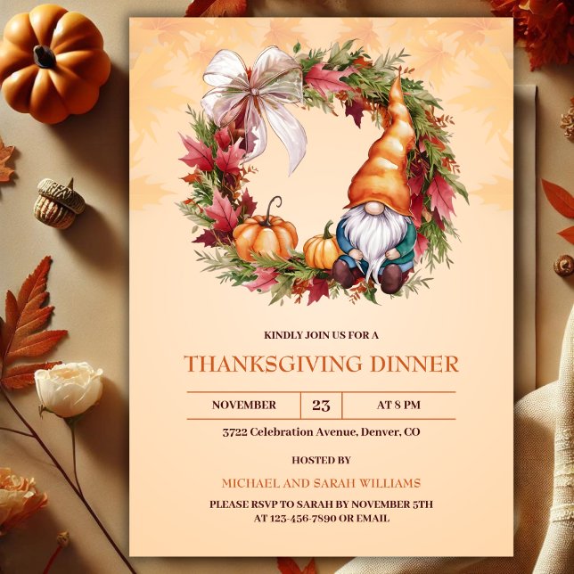 Aquarell Gnome Herbstwoche Erntedank Abendessen Einladung (Watercolor Cute Gnome Autumn Wreath Thanksgiving Dinner Invitation)