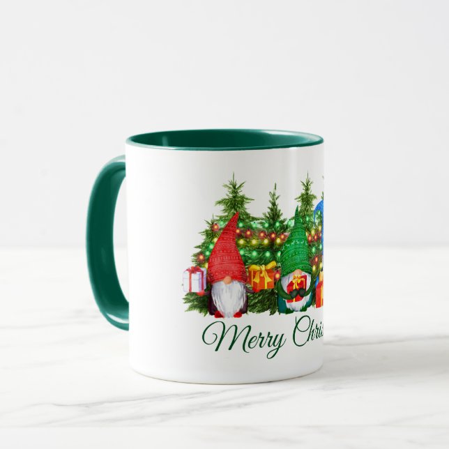 Aquarell Gnomes Frohe Weihnachtsleuchten Grün Tasse (Vorderseite Links)