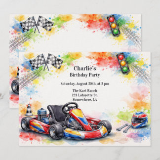 Aquarell-Gokart-Jungen-Geburtstagsfeier Einladung
