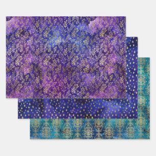 Aquarell Gold Blumen- und Sternenmuster Geschenkpapier Set