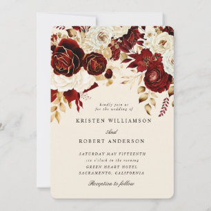 Aquarell-Gold-Burgunderrosen-Hochzeits-Einladung Einladung
