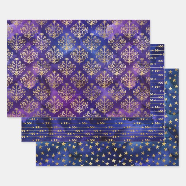Aquarell Gold Damast & Sternen-Muster Geschenkpapier Set (Set)