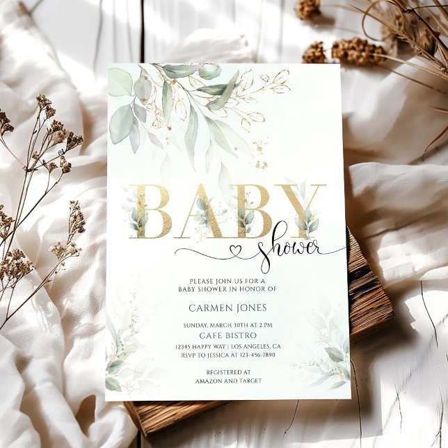 Aquarell-Gold-Grün-Babyshower Einladung (Von Creator hochgeladen)