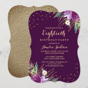 Aquarell Gold Lila Blüten 80. Geburtstagsfeier Einladung