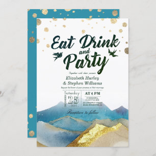 Aquarell Gold Mountain EAT Drink & Party Hochzeit Einladung