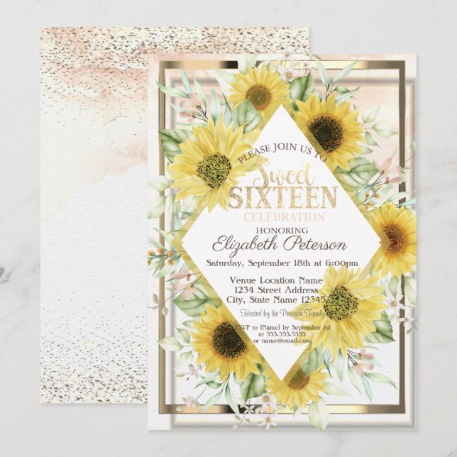 Aquarell Gold Rahmen Sonnenblumen Sweet 16 Einladung (Vorne/Hinten)