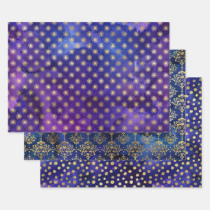 Aquarell Gold Sternen- & Damastmuster Geschenkpapier Set