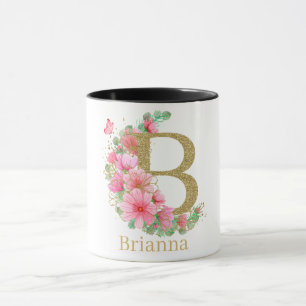 Aquarell-Gold- und Blumenmonogramm Buchstabe B Tasse