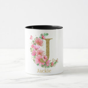 Aquarell-Gold- und Blumenmonogramm Buchstabe J Tasse