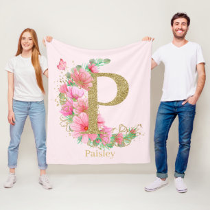 Aquarell-Gold- und Blumenmonogramm Buchstabe P Fleecedecke