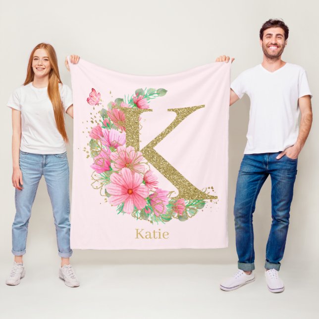 Aquarell-Gold und florales Monogramm Buchstabe K Fleecedecke (Beispiel)