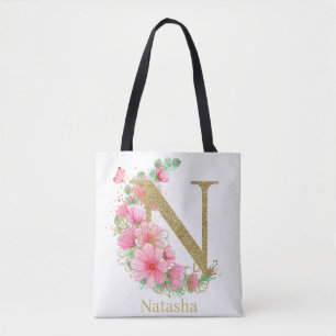 Aquarell Gold und Florales Monogramm Buchstabe N