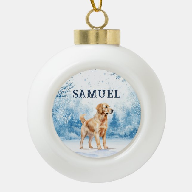 Aquarell Golden Retriever Winterlandschaft Weihnac Keramik Kugel-Ornament (Vorderseite)
