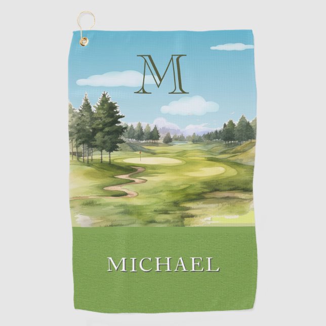 Aquarell-Golfplatz-Monogramm-Name Golfhandtuch (Vorderseite)