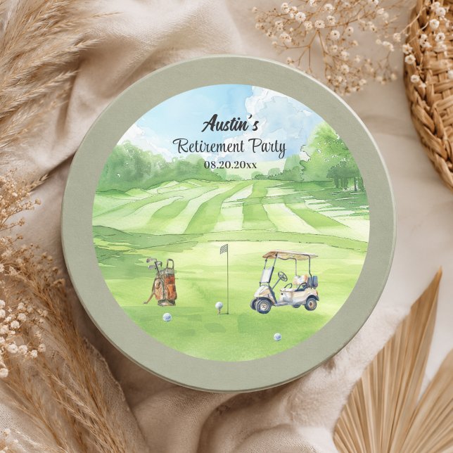 Aquarell-Golfplatz-Ruhestandsfeier  Runder Aufkleber (Von Creator hochgeladen)