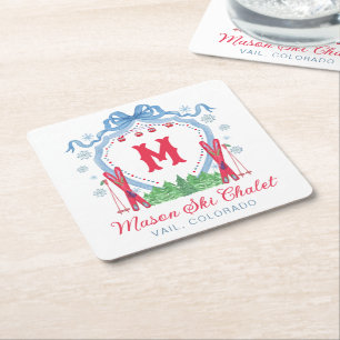 Aquarell Gondel Ski Monogrammwappen Rechteckiger Pappuntersetzer