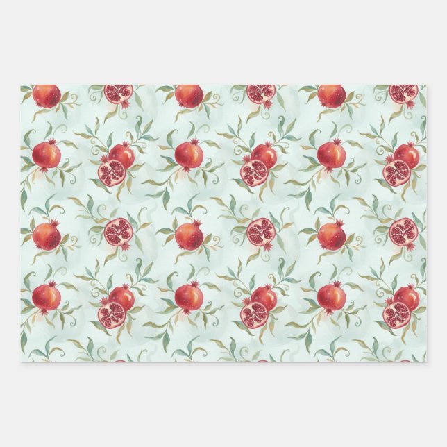Aquarell-Granatapfel-Frucht und Blätter  (Vorderseite)