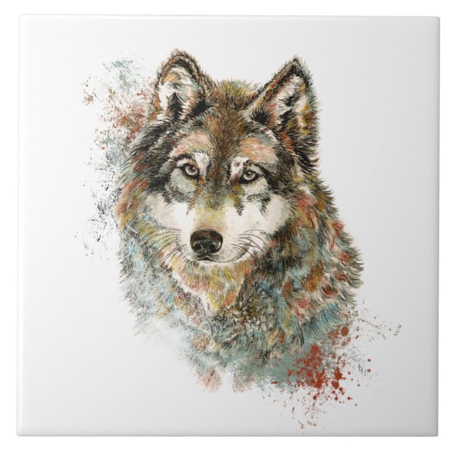 Aquarell Grauer Wolf Wildnis Fliese (Vorderseite)