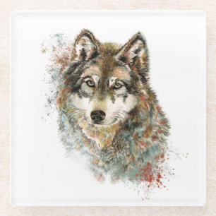 Aquarell Grauer Wolf Wildnis Glasuntersetzer