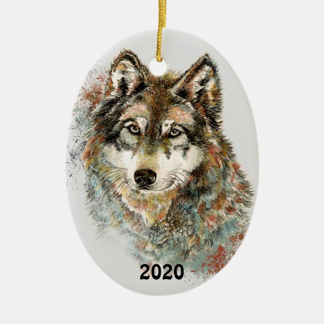 Aquarell Grauer Wolf Wildnis Keramik Ornament (Vorne)