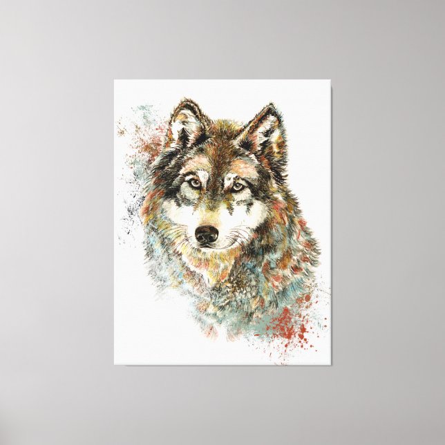 Aquarell Grauer Wolf Wildnis Leinwanddruck (Vorderseite)