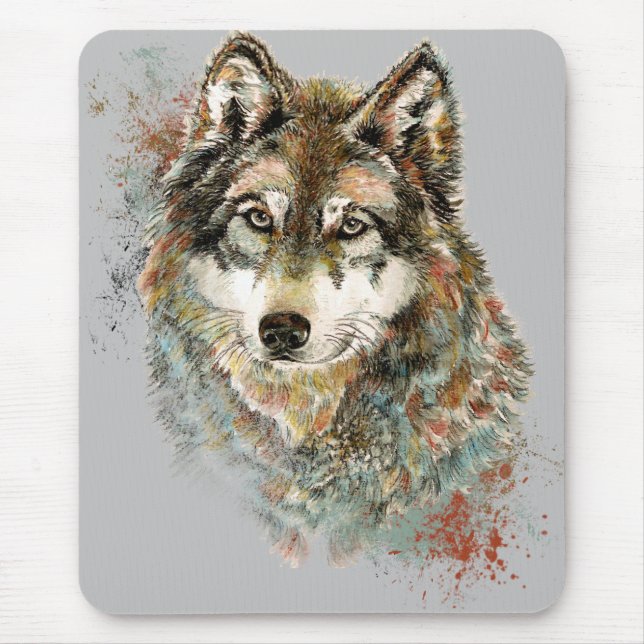 Aquarell Grauer Wolf Wildnis Mousepad (Vorne)