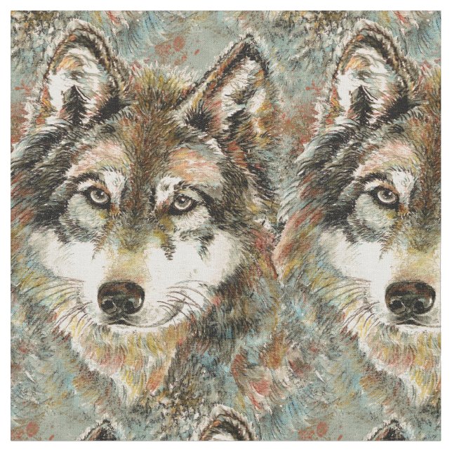 Aquarell Grauer Wolf Wildnis Stoff (Nahaufnahme)