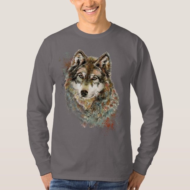 Aquarell Grauer Wolf Wildnis T-Shirt (Vorderseite)