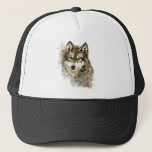 Aquarell Grauer Wolf Wildnis Truckerkappe