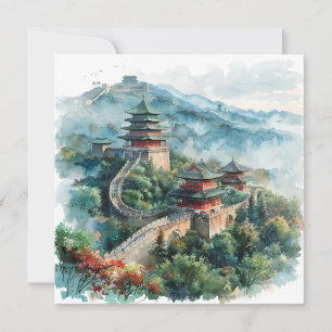 Aquarell Great Wall China Asien Reisen Feiertagskarte