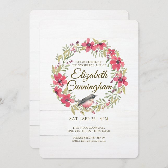Aquarell Green Foliage Bird Virtual Memorial Einladung (Vorne/Hinten)