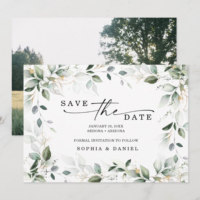 Aquarell Greenerity Gold Save the Date Hochzeit (Vorne/Hinten)